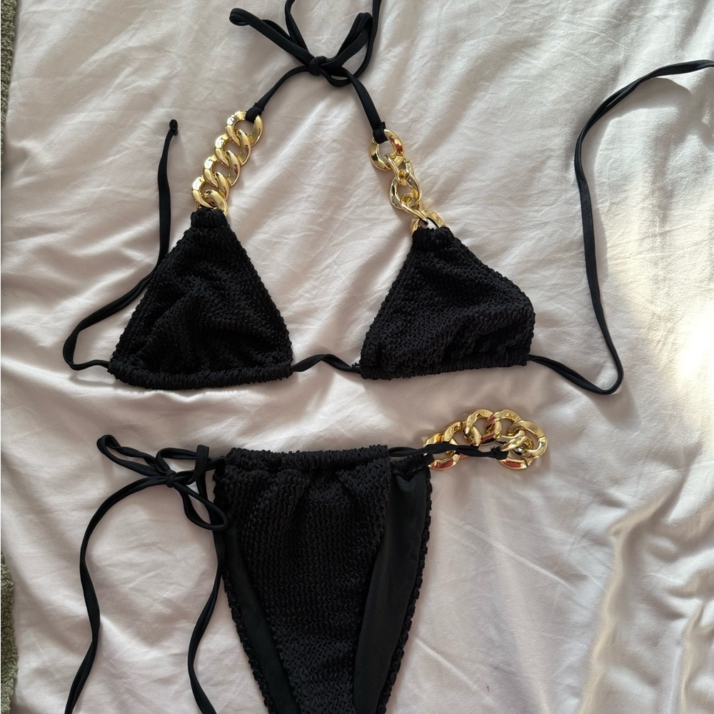 Black Bikini with Gold Chain Accents